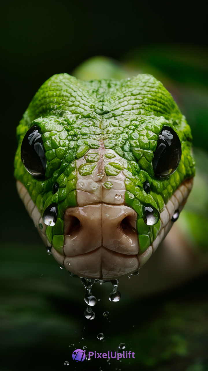 Close-up of a green snake face with glossy wet scales and water droplets on dark blurred background