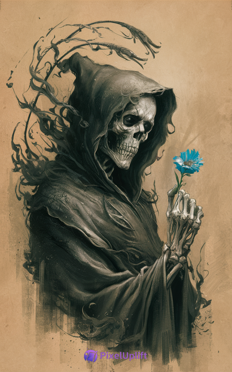 Digital artwork of a skeletal Grim Reaper in a dark tattered robe holding a bright blue flower against a sepia-toned background