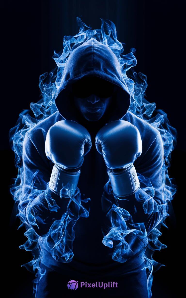 Person in hooded sweatshirt with boxing gloves surrounded by glowing blue flames on dark background