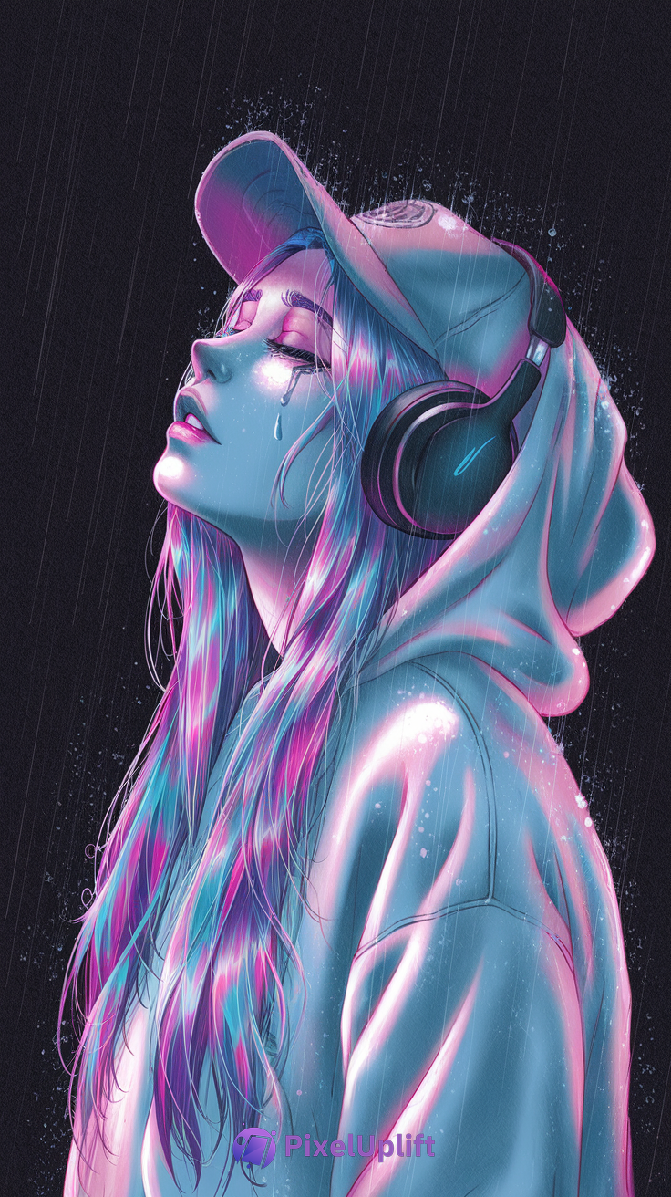 Digital artwork of a young woman with vibrant blue and pink hair wearing a hoodie, baseball cap, and large headphones against a dark neon rain background