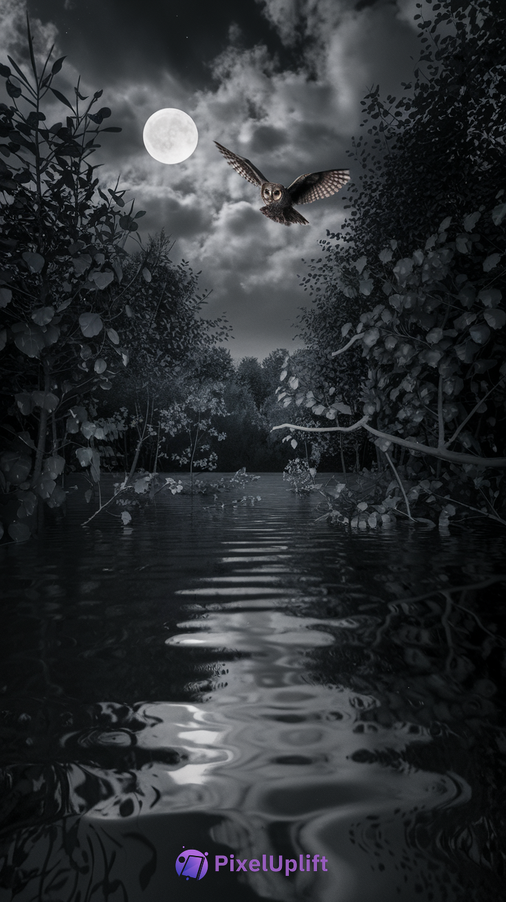 Serene nighttime phone wallpaper showing an owl flying over water with a full moon and dense trees reflected in the rippling water