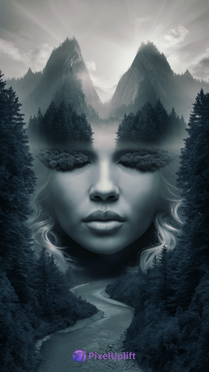 Surreal phone wallpaper showing an ethereal female face blending into misty mountains and dense pine forests with a winding river underneath, in muted blue and gray tones