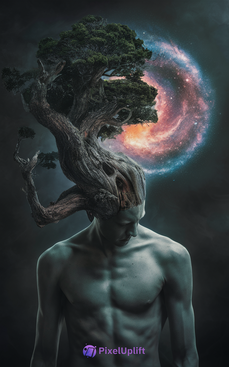 Surreal phone wallpaper of a shirtless man with his head merging into a twisted ancient tree against a colorful cosmic galaxy swirl on dark starry background
