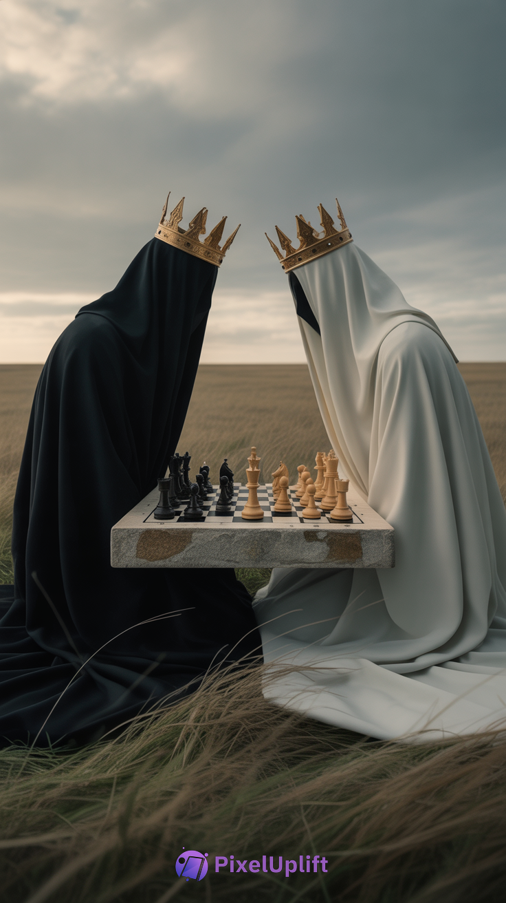 Two crowned figures draped in black and white fabric sitting opposite each other in a grassy field with a stone chessboard and wooden pieces suspended between them under a cloudy moody sky