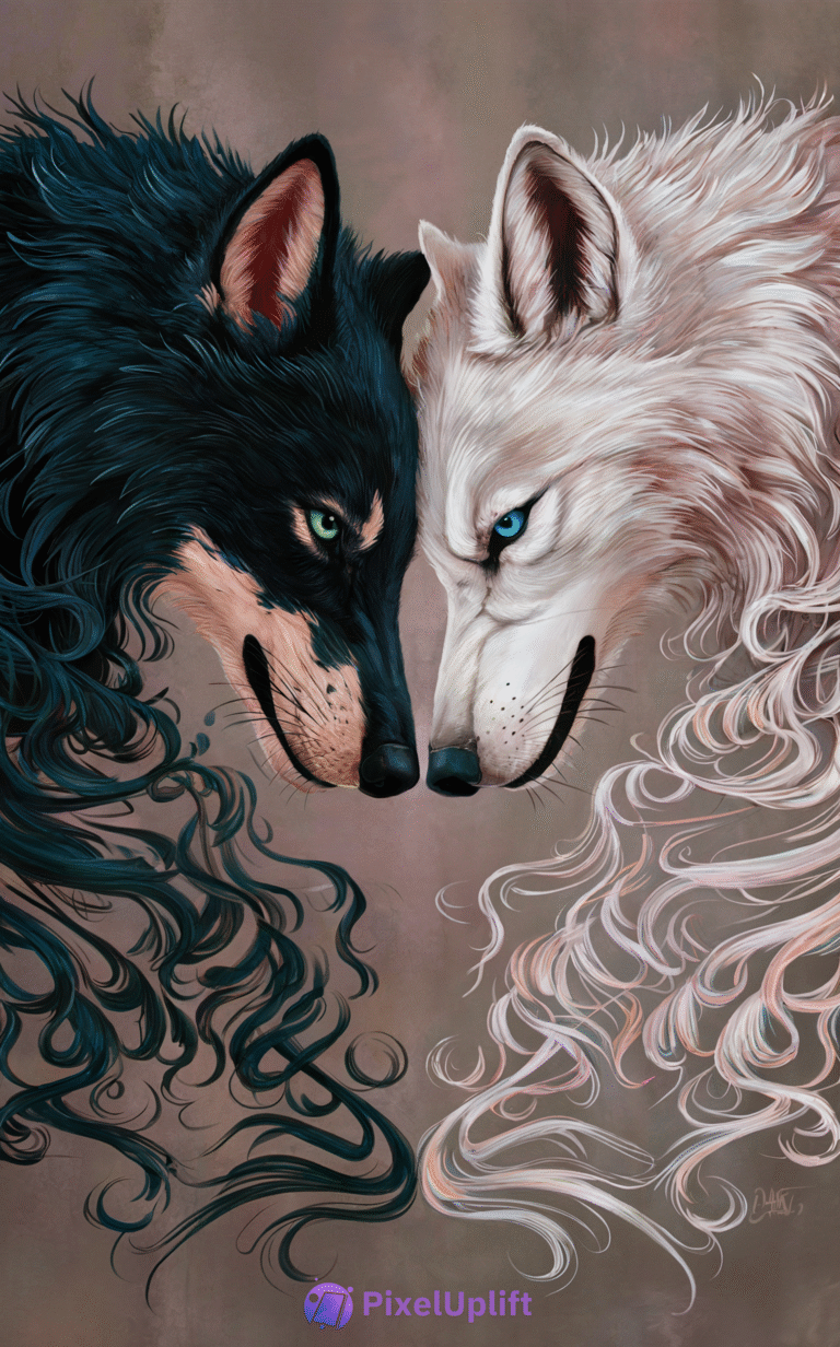 Digital painting of two wolves facing each other with foreheads touching, one black with green eyes and tan markings, the other white with blue eyes on a muted brown background