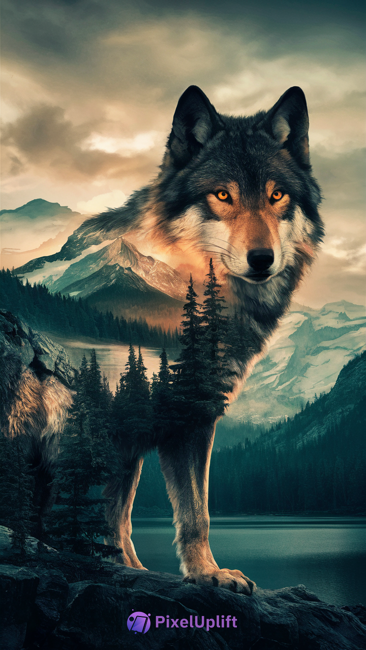 Double exposure phone wallpaper of a wolf with intense golden eyes blended with a scenic mountain landscape featuring evergreen trees and a river under cloudy skies