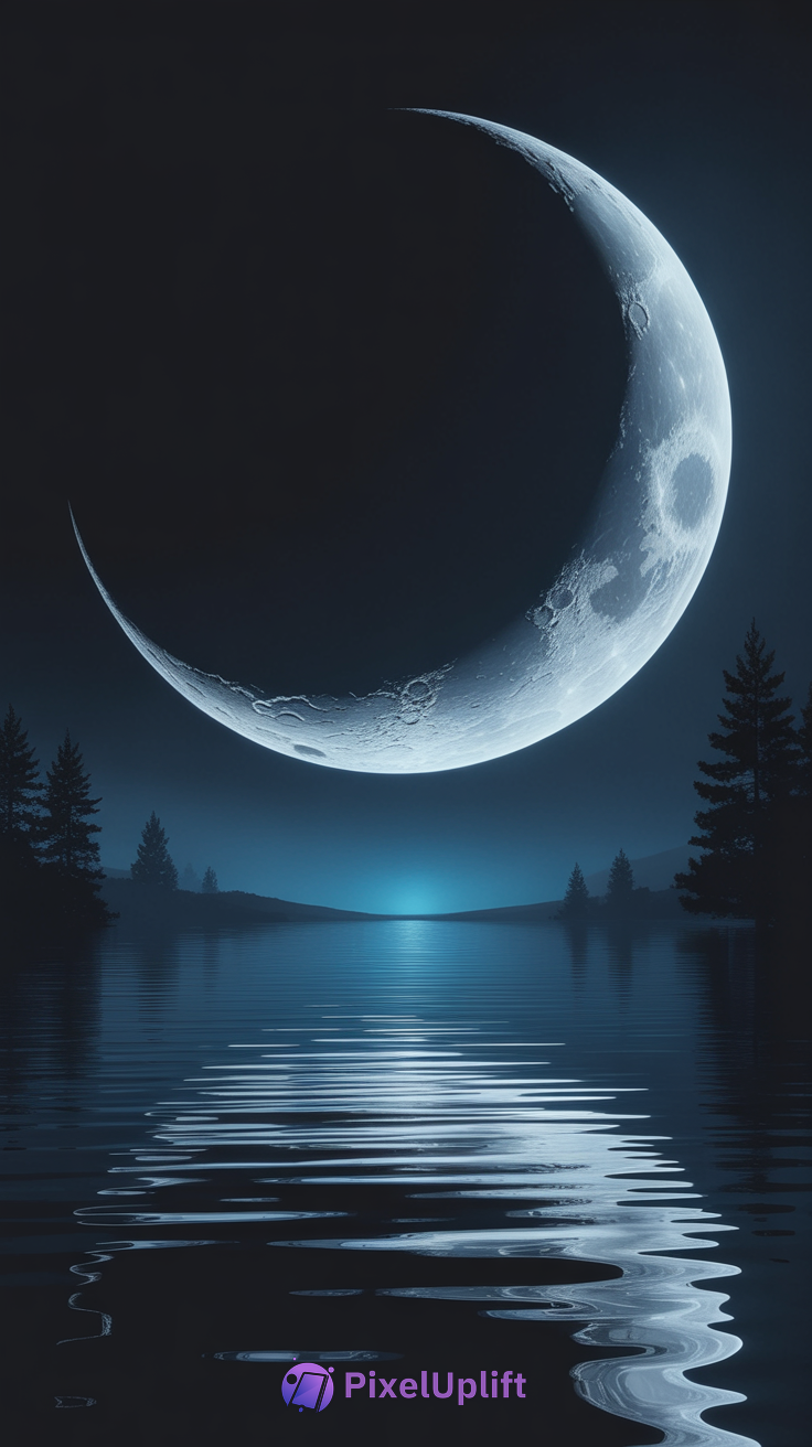 Surreal nighttime phone wallpaper with a large crescent moon over calm water and silhouetted pine trees