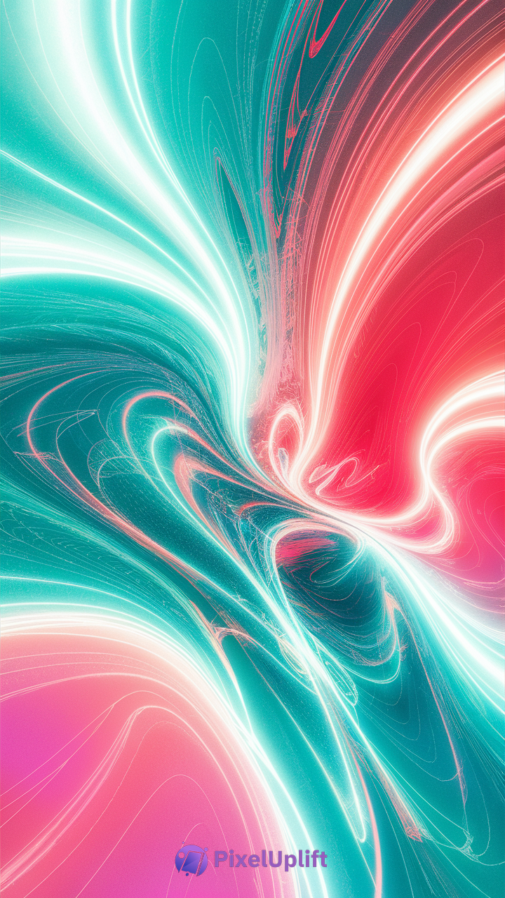 Vibrant abstract swirling fluid phone wallpaper with bright teal and vivid pink colors and glowing white highlights