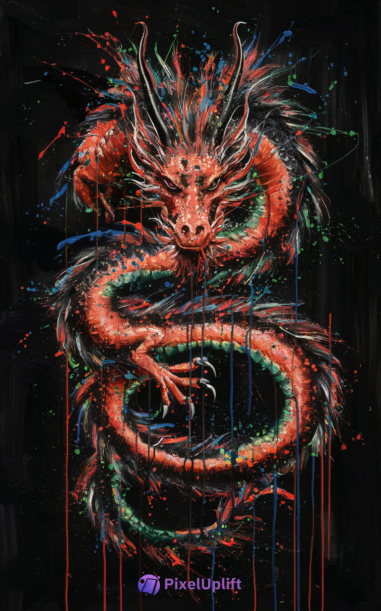 Dynamic red dragon coiled in a circle on dark background, energetic abstract painting with splashes of green and blue