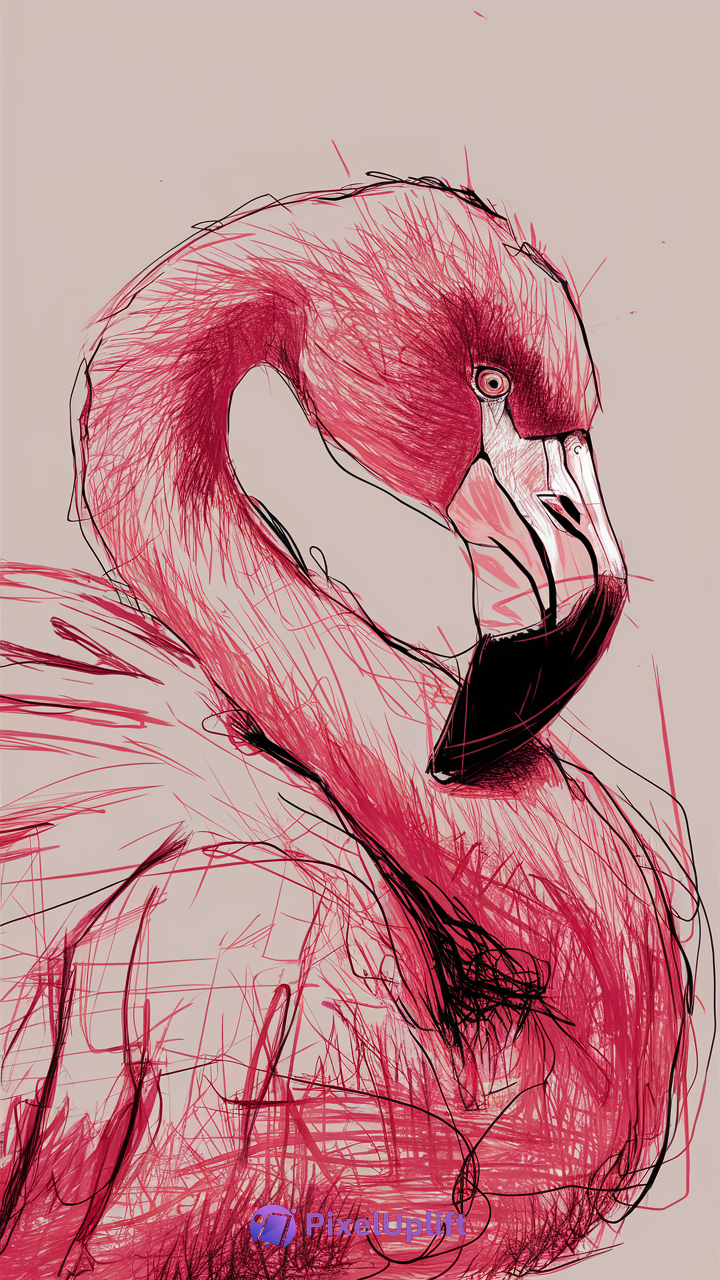 Digitally illustrated flamingo phone wallpaper with pink and red sketch lines on a beige background
