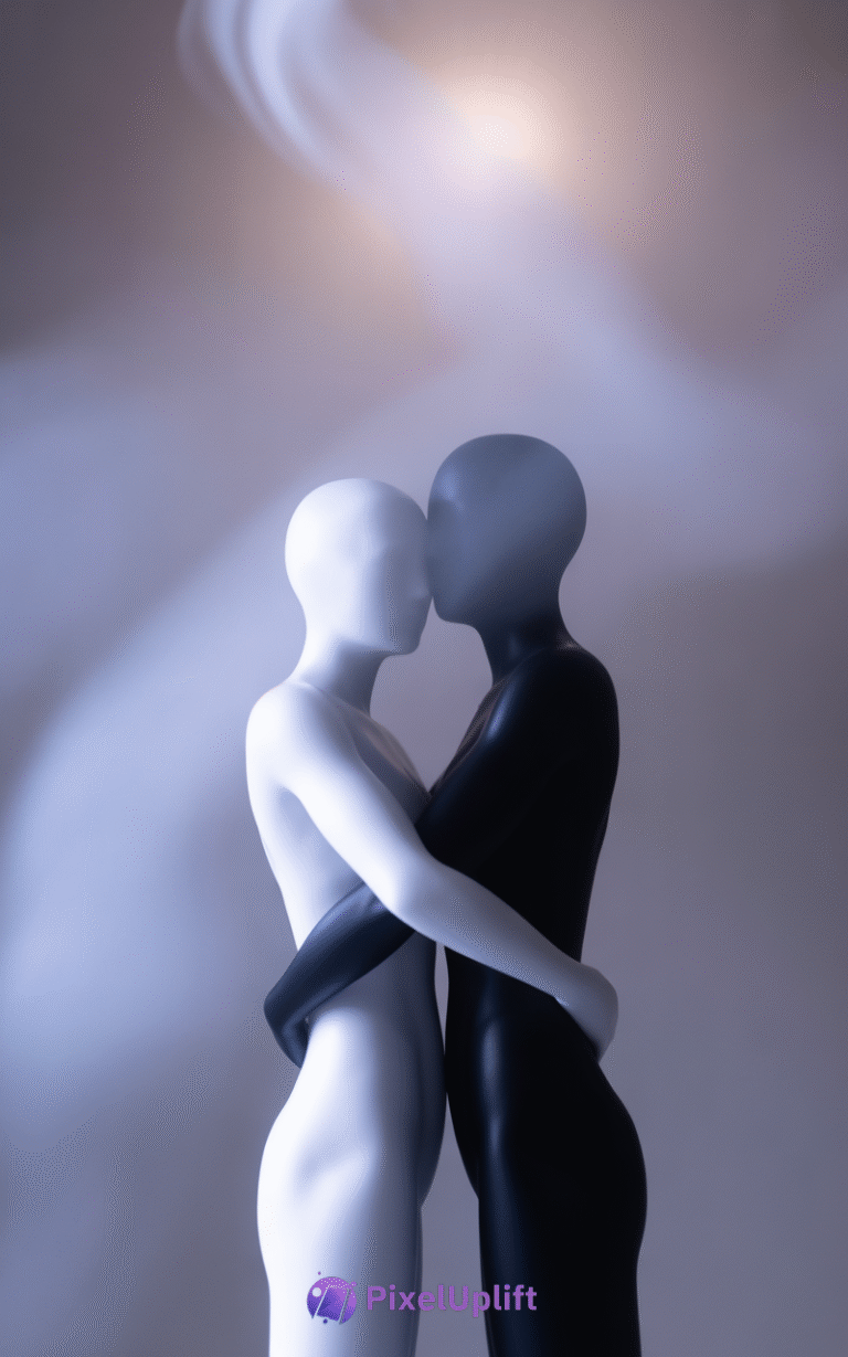 Abstract phone wallpaper showing two faceless figures embracing, one white and one black, symbolizing unity and balance on a soft muted gradient background