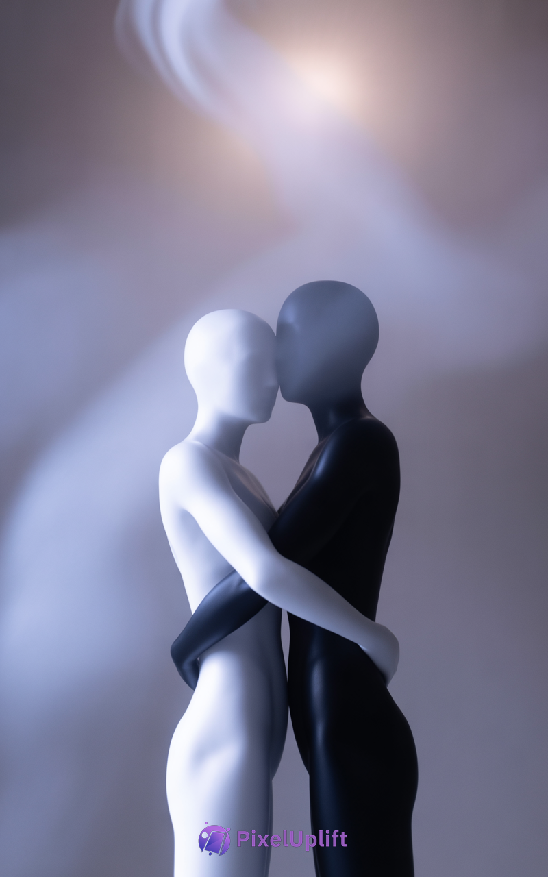 Abstract phone wallpaper showing two faceless figures embracing, one white and one black, symbolizing unity and balance on a soft muted gradient background