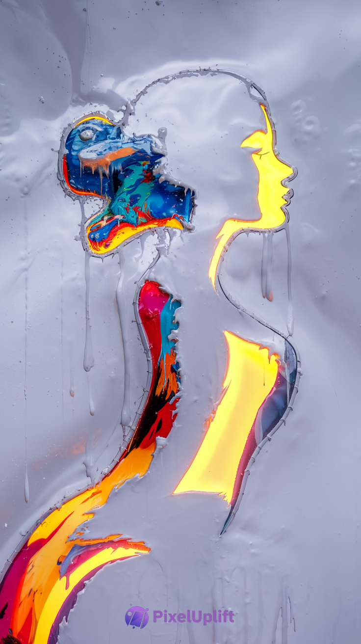 Abstract human profile phone wallpaper with glowing yellow outline and multicolored paint splashes on textured gray background