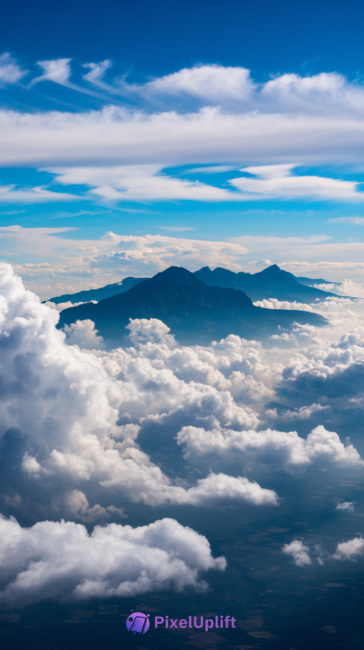 Aerial view of mountain peaks rising above thick white clouds with a vivid blue sky and wispy clouds
