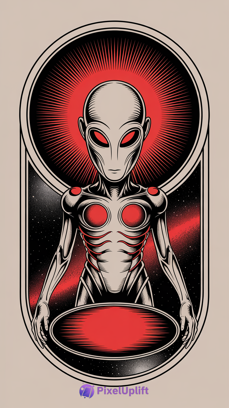 Stylized alien illustration with red eyes and dark cosmic background phone wallpaper