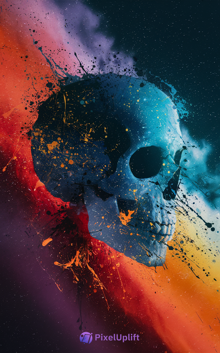 Artistic blue and turquoise human skull with vibrant paint splatters on a cosmic dark red and purple gradient background phone wallpaper