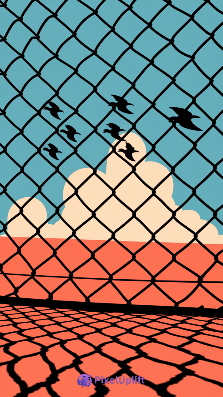 Artistic phone wallpaper showing a chain link fence with birds flying in a blue sky and a large white cloud