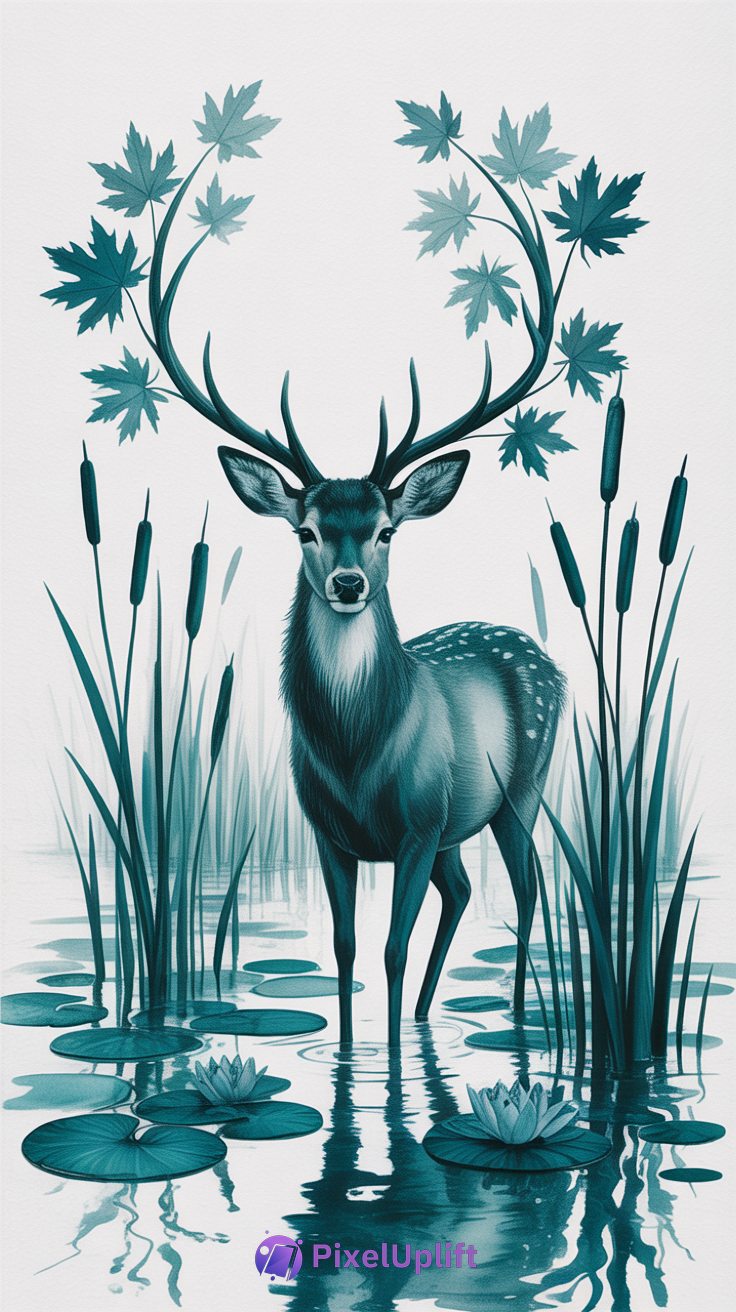 Artistic teal-toned phone wallpaper of a deer standing in water with lily pads and cattails, antlers adorned with leaves, calm mystical vibe
