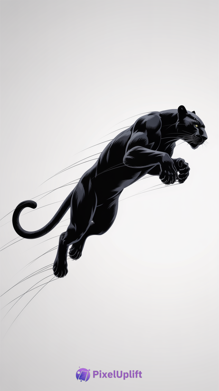 Black panther in mid-leap digital illustration phone wallpaper with gray to white gradient background and motion lines