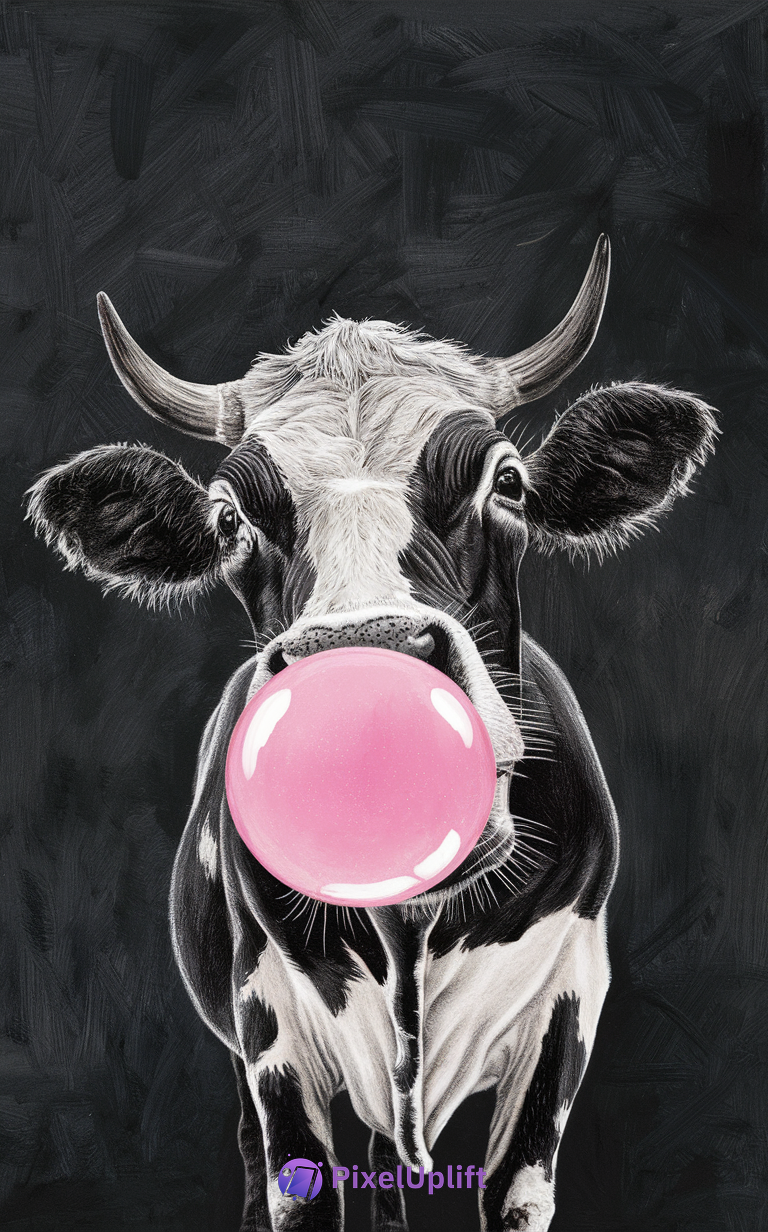 Black and white cow blowing a shiny pink bubblegum bubble on a dark textured background phone wallpaper