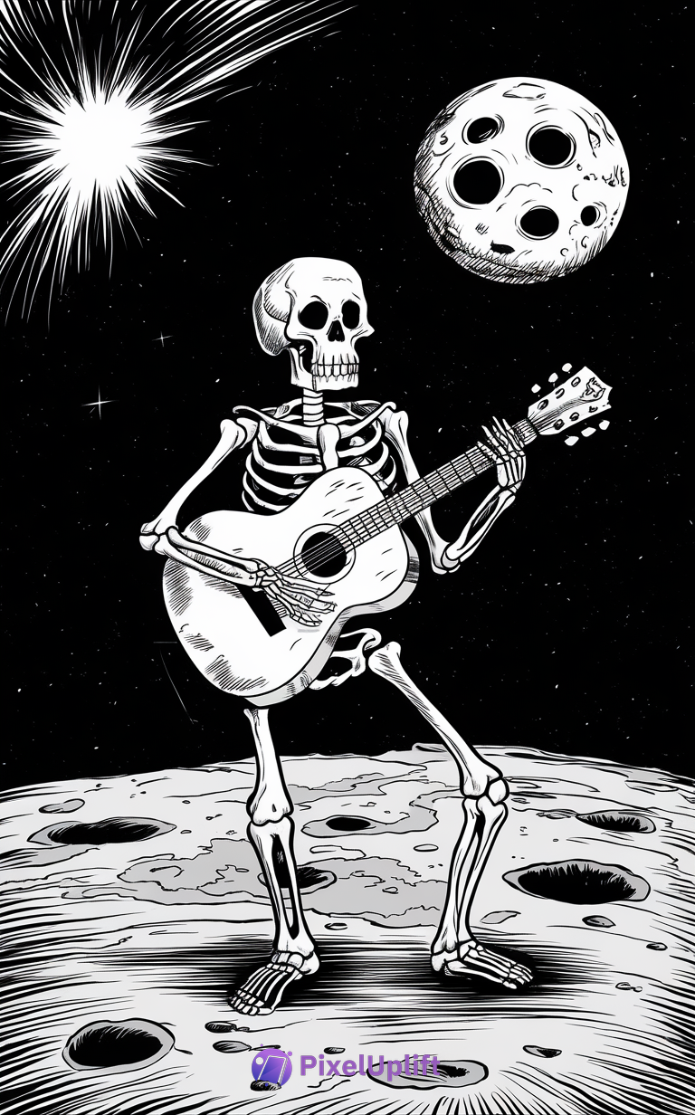 Black and white phone wallpaper showing a skeleton playing acoustic guitar on a cratered moon surface with starry night background