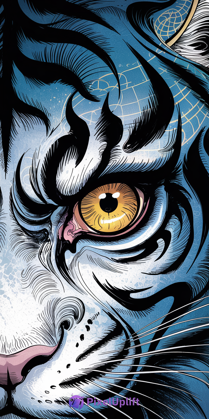 Close-up blue and white tiger face phone wallpaper with intense yellow-orange eye and black stripes