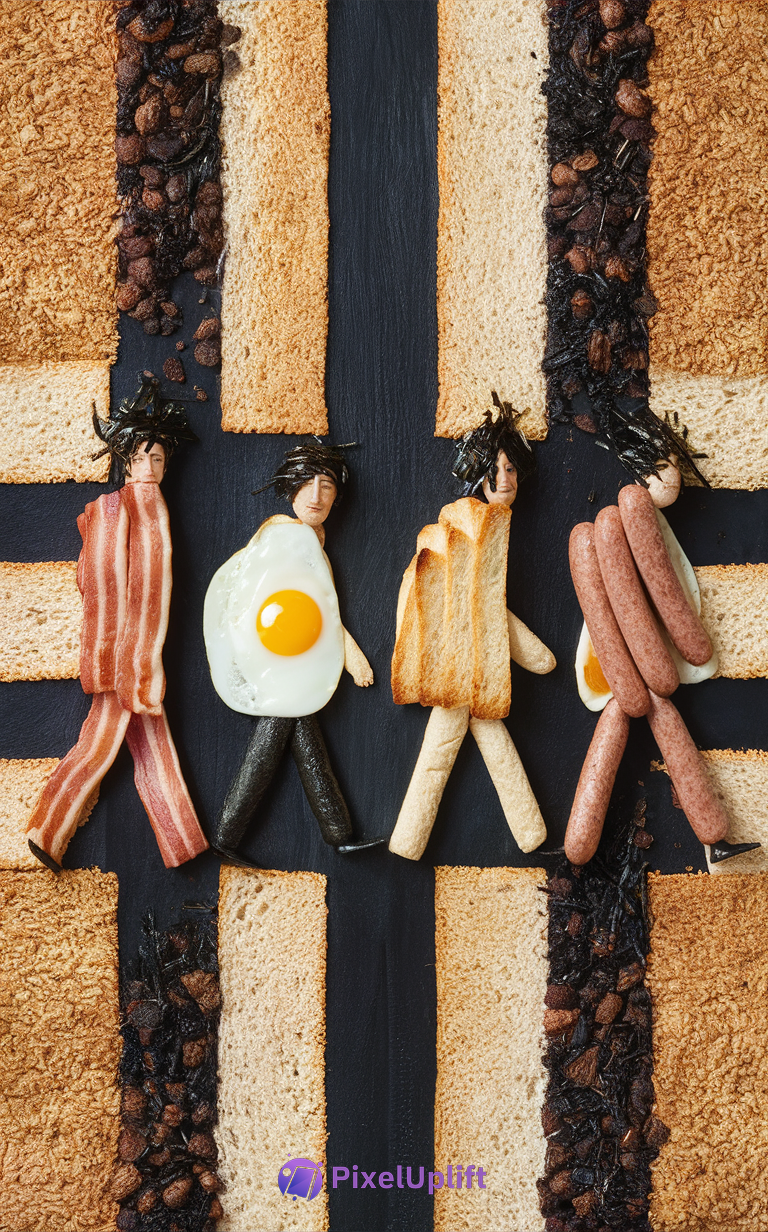 Creative breakfast food art phone wallpaper inspired by Abbey Road with bacon, egg, toast, and sausage figures crossing a stylized bread and coffee bean crosswalk on dark background
