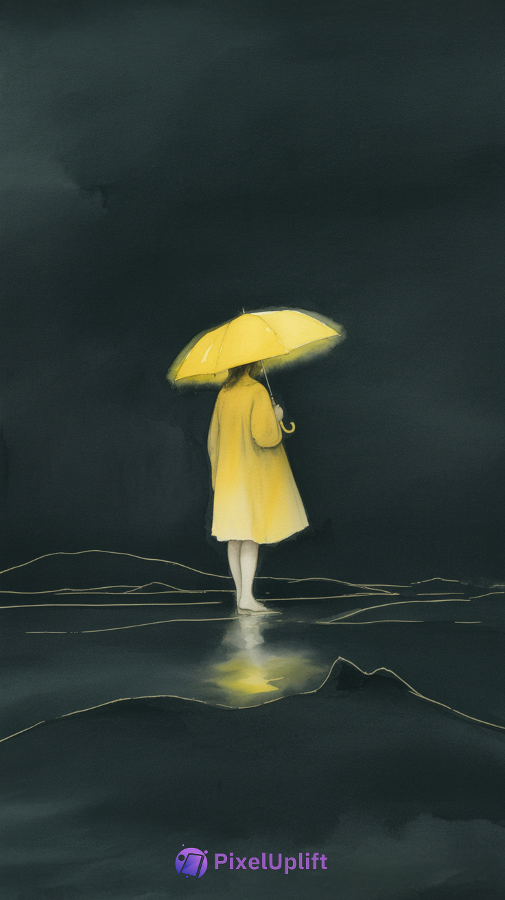 Solitary figure in a long yellow coat holding a yellow umbrella standing barefoot on reflective surface with dark moody sky background phone wallpaper
