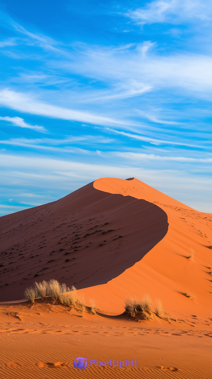 Tall orange sand dune under bright blue sky with wispy clouds and shadows, desert landscape wallpaper