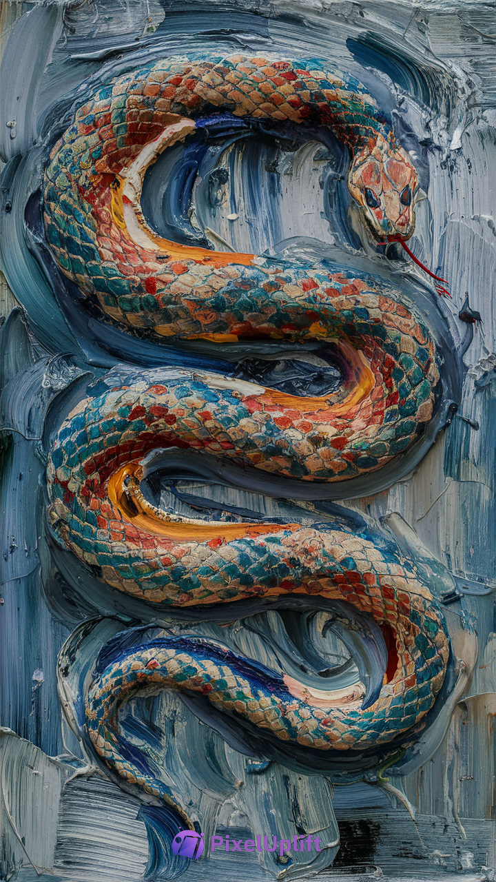 Detailed and vibrant phone wallpaper showing a blue and orange snake coiled in an S shape with textured paint and abstract blue-grey background