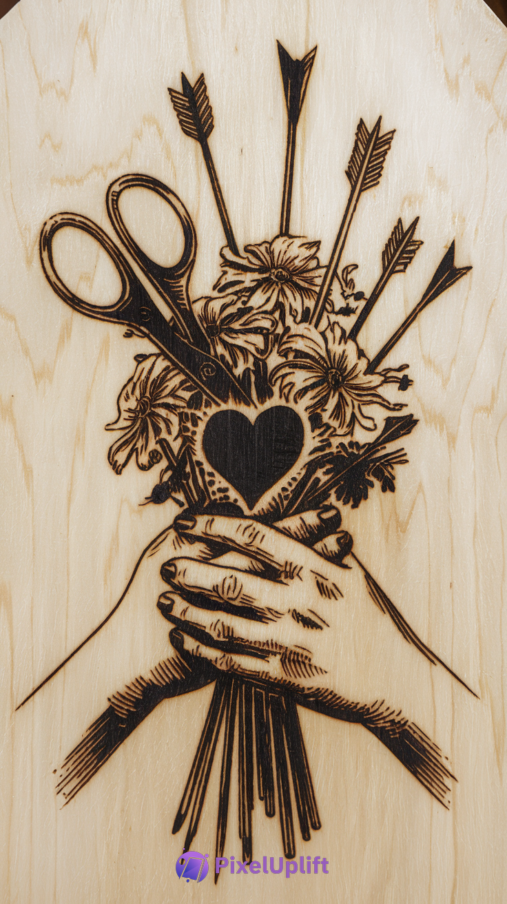 Detailed wood-burning artwork of hands holding a bouquet with flowers, arrows, scissors, and a black heart on a light wood background