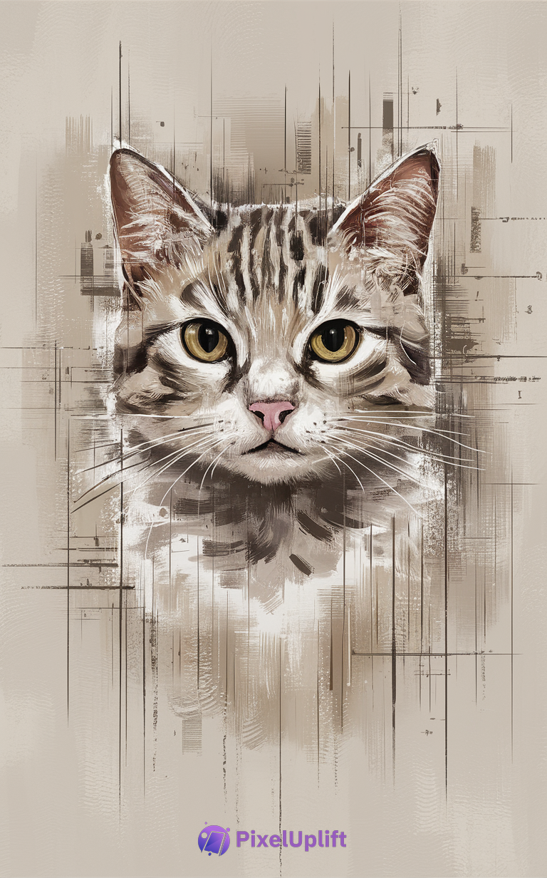 Digital painting of a cat's face with yellow eyes, pink nose, and striped fur in shades of brown and beige with abstract linear elements on a light beige background