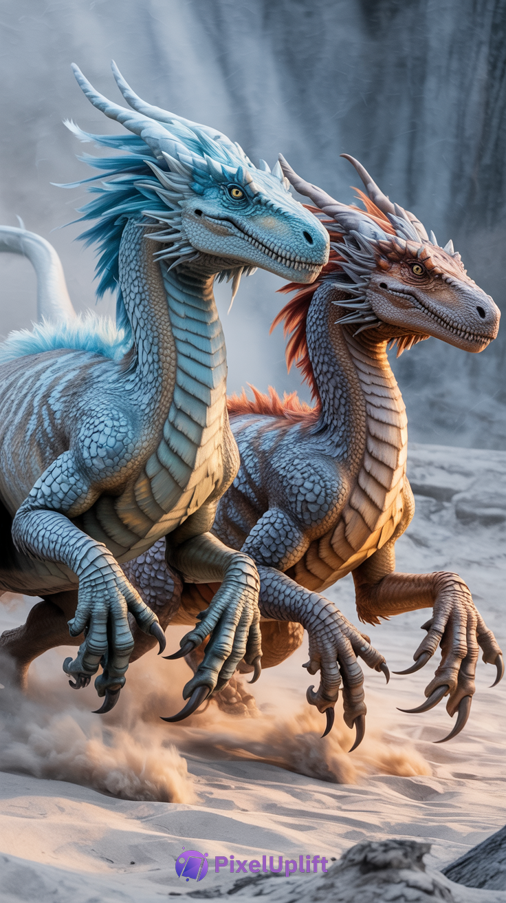 Two realistic dragons running side by side on sandy ground with a misty background, one blue and white and the other reddish-brown and gray
