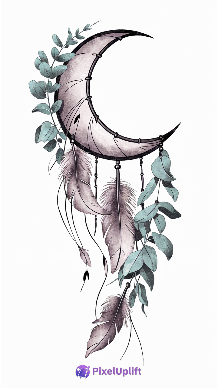 Artistic illustration of a crescent moon styled as a dreamcatcher with feathers and greenish-blue leaves on a dark purple and black background