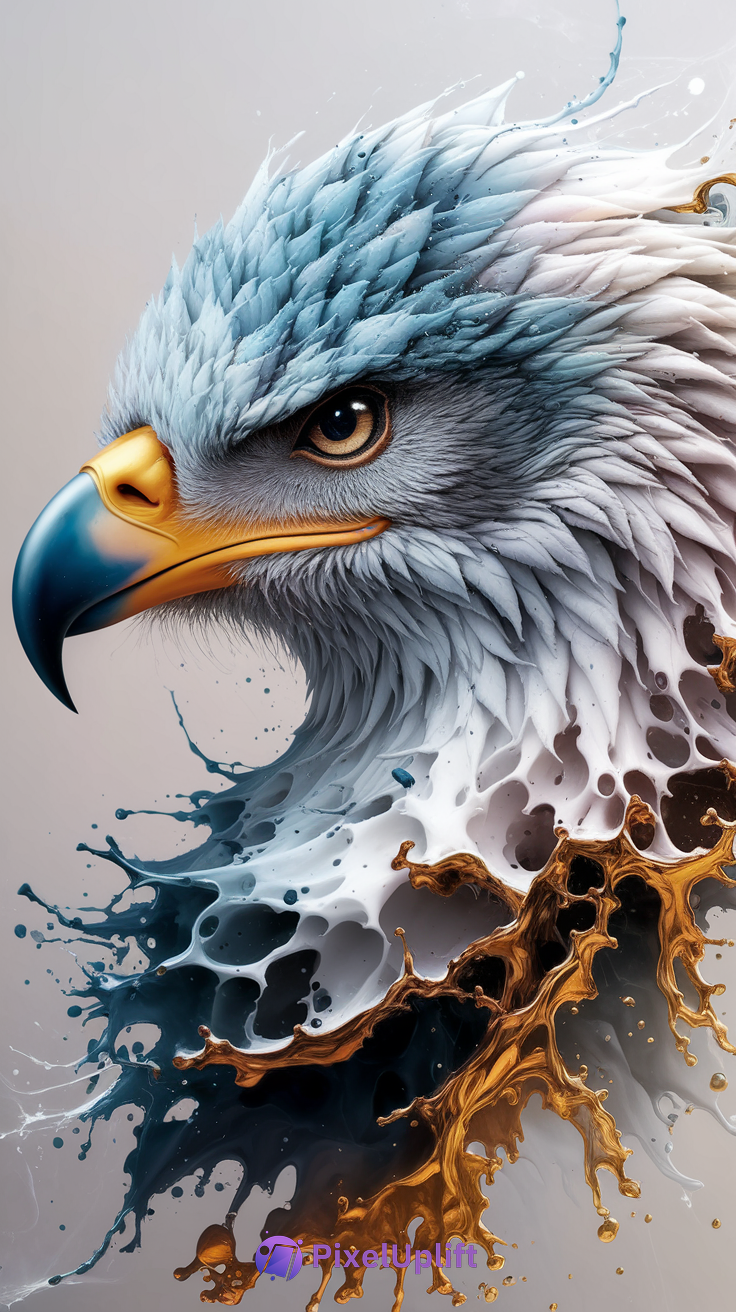 HD phone wallpaper of an eagle's head with blue and white textured feathers, sharp orange beak, and abstract splash design on dark background