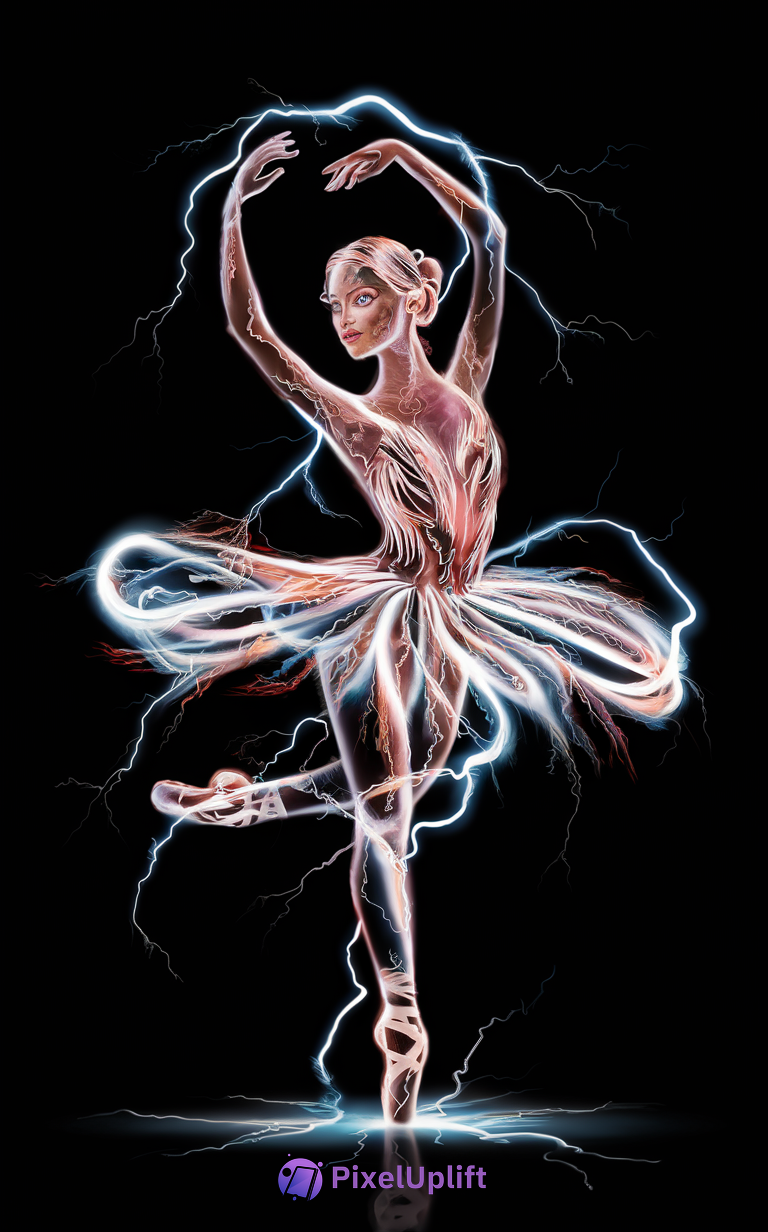 Electrified ballerina pose glowing with blue and white electric currents on a dark background phone wallpaper