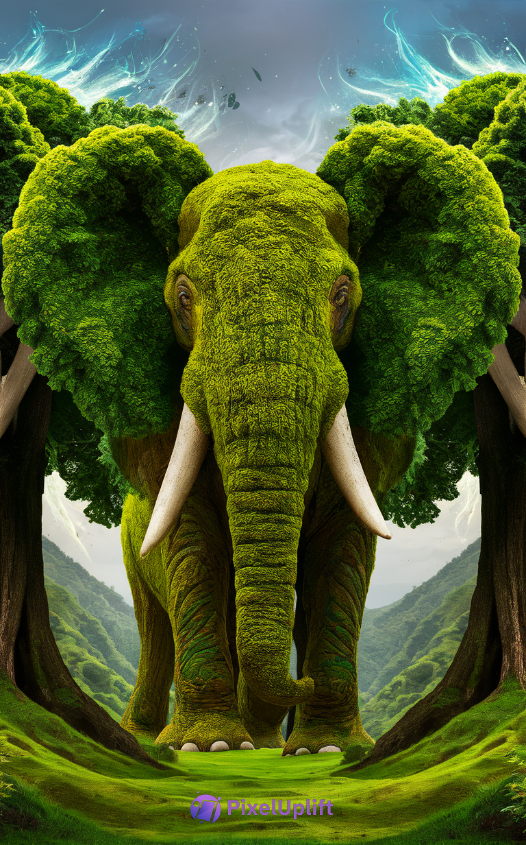 Artistic elephant phone wallpaper with body covered in lush green moss and foliage blending into a forest background
