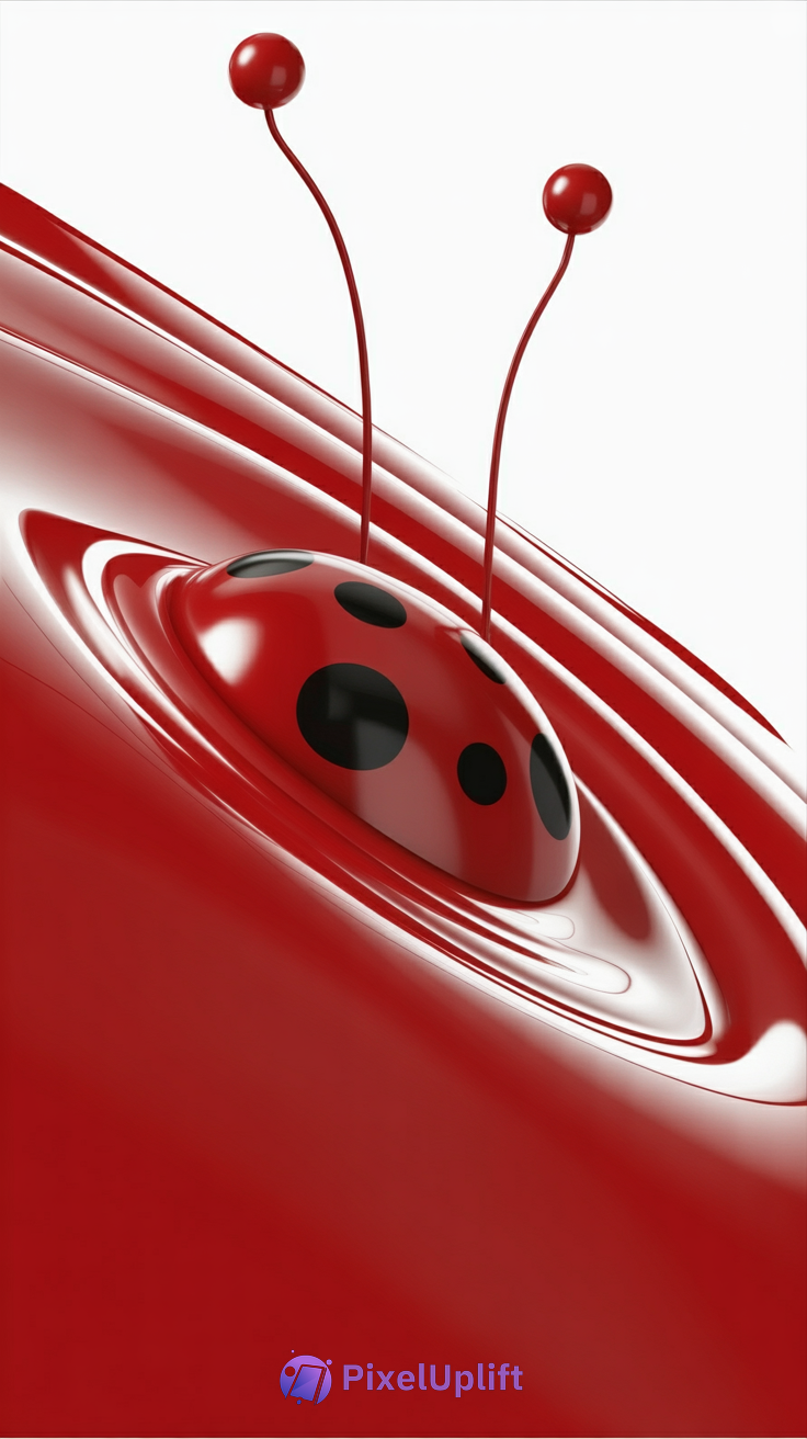 Glossy red ladybug with black spots on a red and white abstract background phone wallpaper