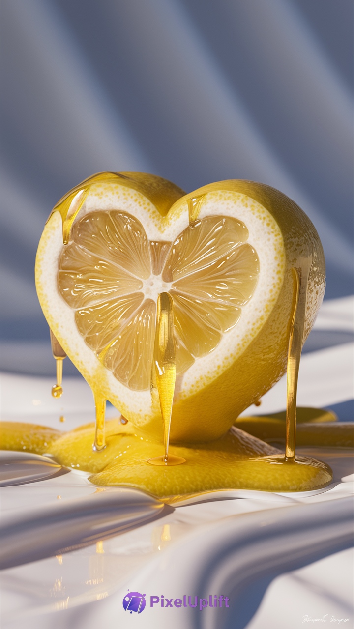 Heart-shaped lemon cut in half dripping golden honey on a reflective white surface with blue gradient background