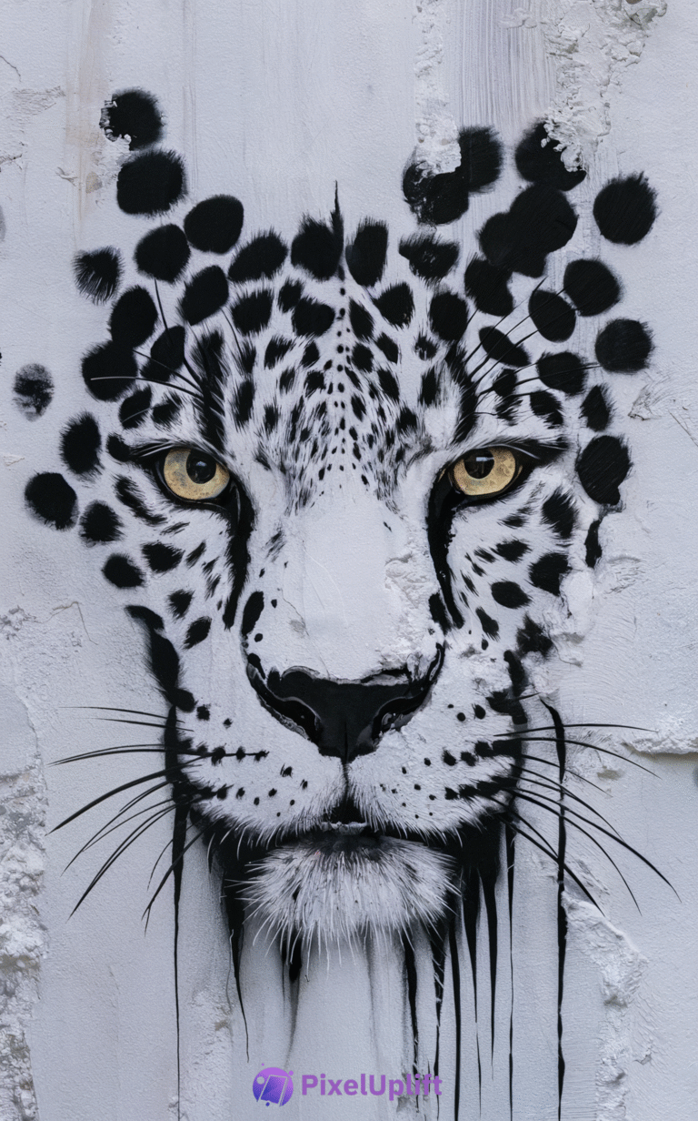 Black and white leopard street art with yellow eyes on textured wall phone wallpaper