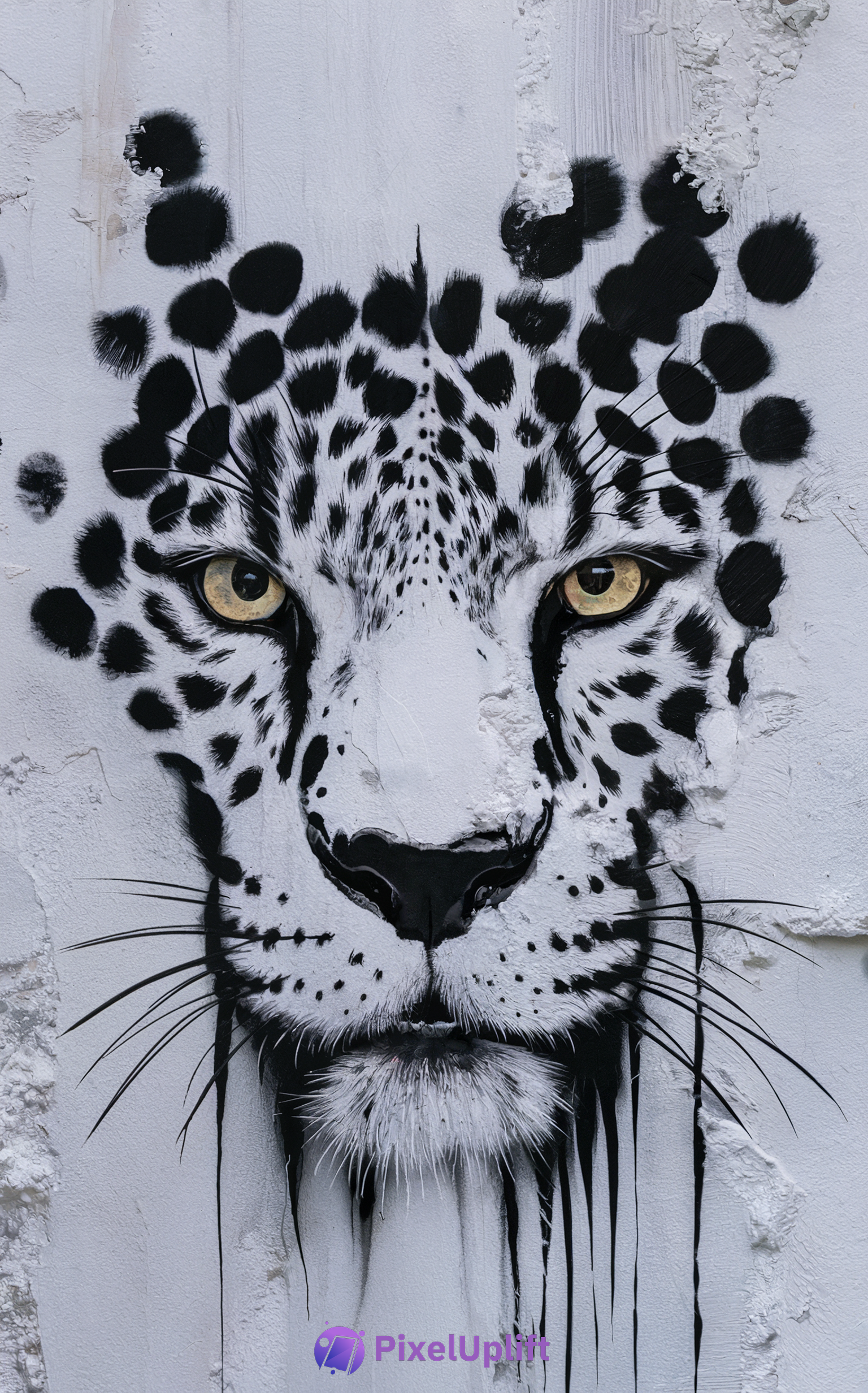 Black and white leopard street art with yellow eyes on textured wall phone wallpaper