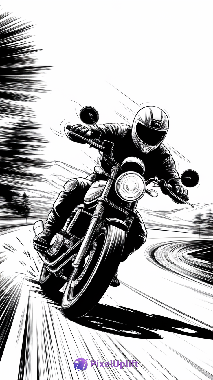 Black and white phone wallpaper of a person riding a motorcycle at high speed on a winding road with motion blur and strong graphic contrasts