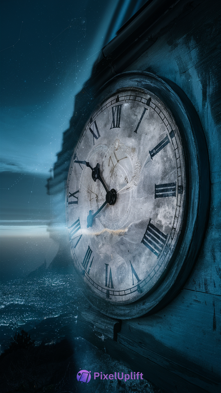 Weathered large clock face with Roman numerals at night under starry sky with glowing blue tones