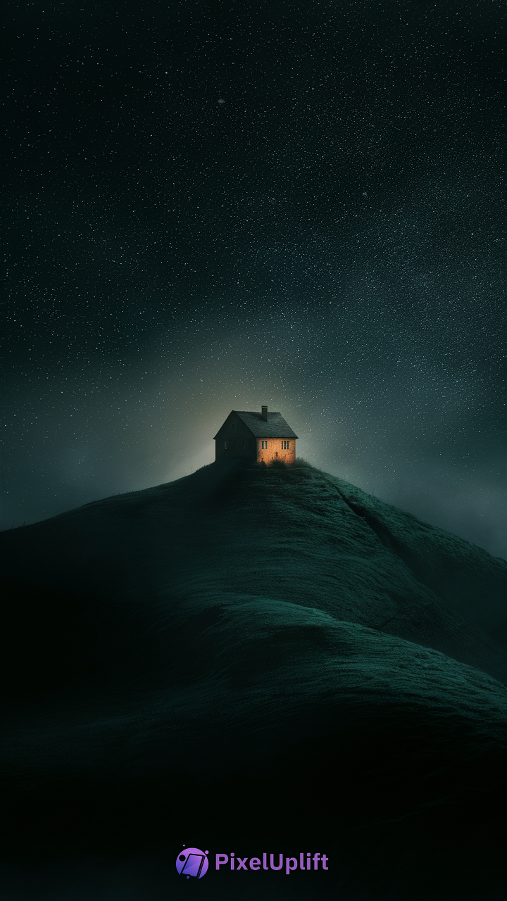 Solitary house on a hill at night with warm light inside and starry sky background