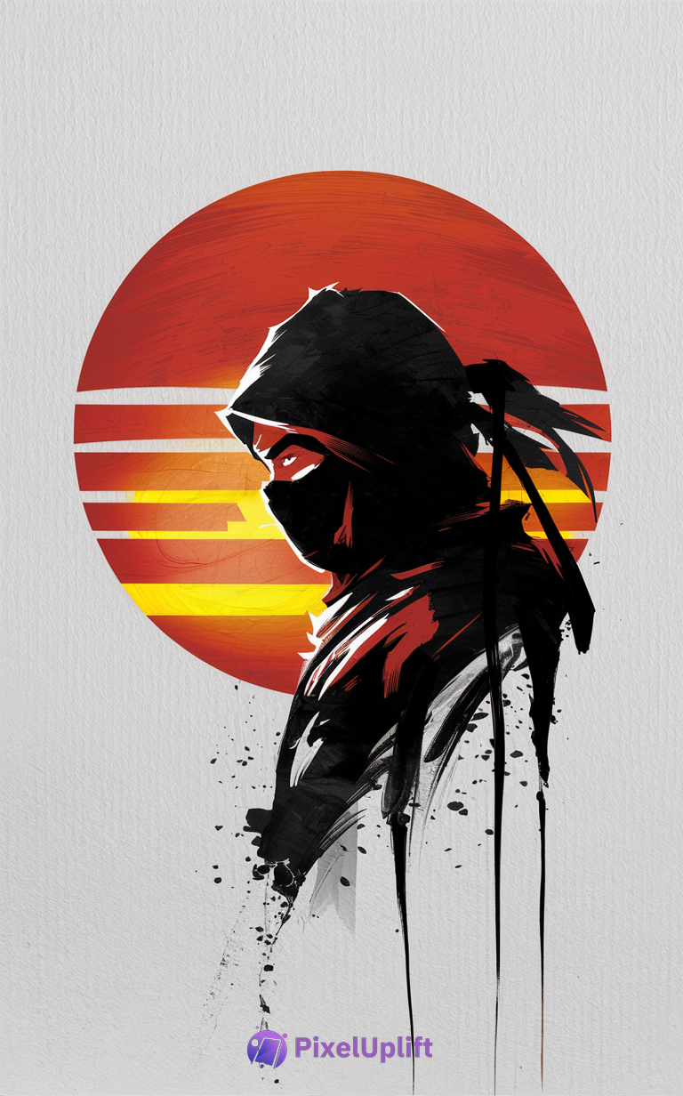 Stylized digital painting of a ninja in black hood and mask with red highlights against a red and orange sun gradient background