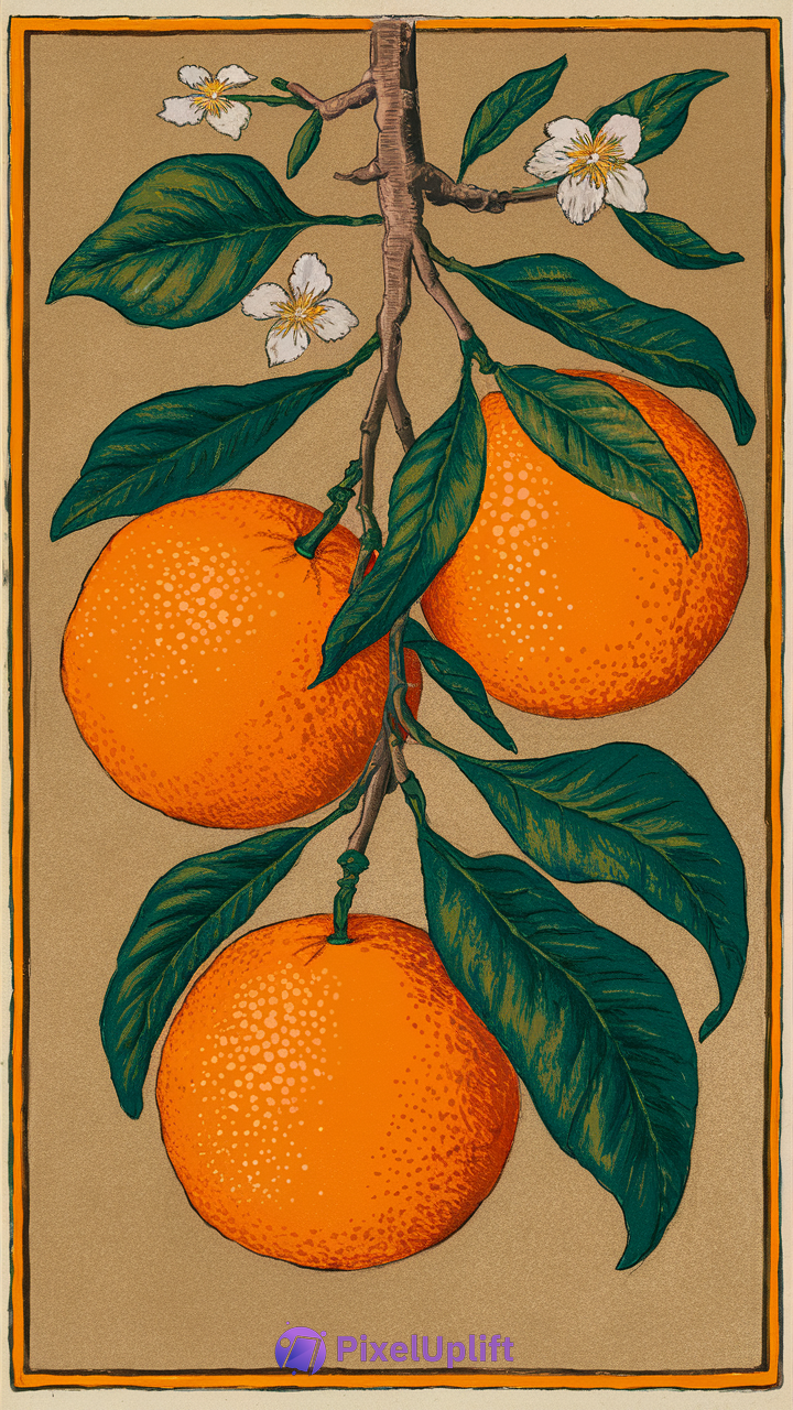 Artistic illustration of a branch with ripe oranges, dark green leaves, and white blossoms on a muted tan background