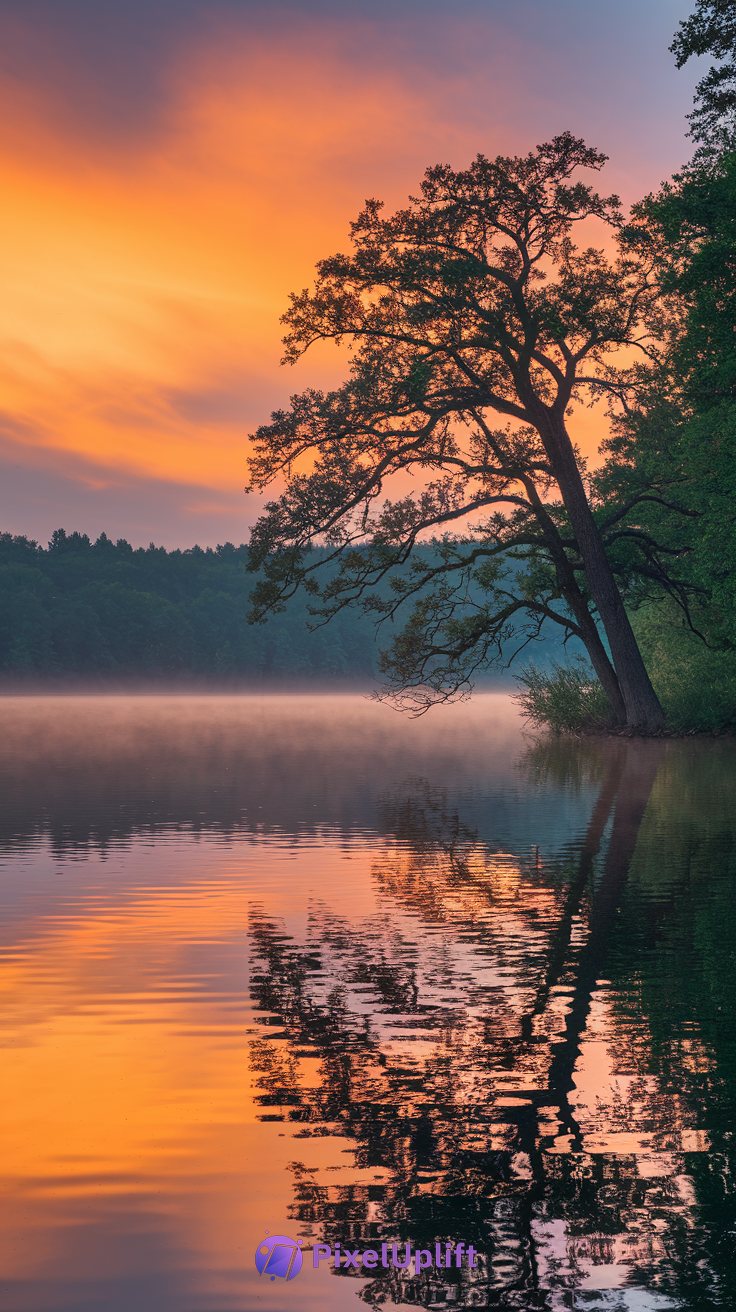 Serene lakeside sunset with a large tree leaning over calm water, vibrant orange, pink, and purple sky reflecting on the lake surface with light mist and dark forest silhouette in the background