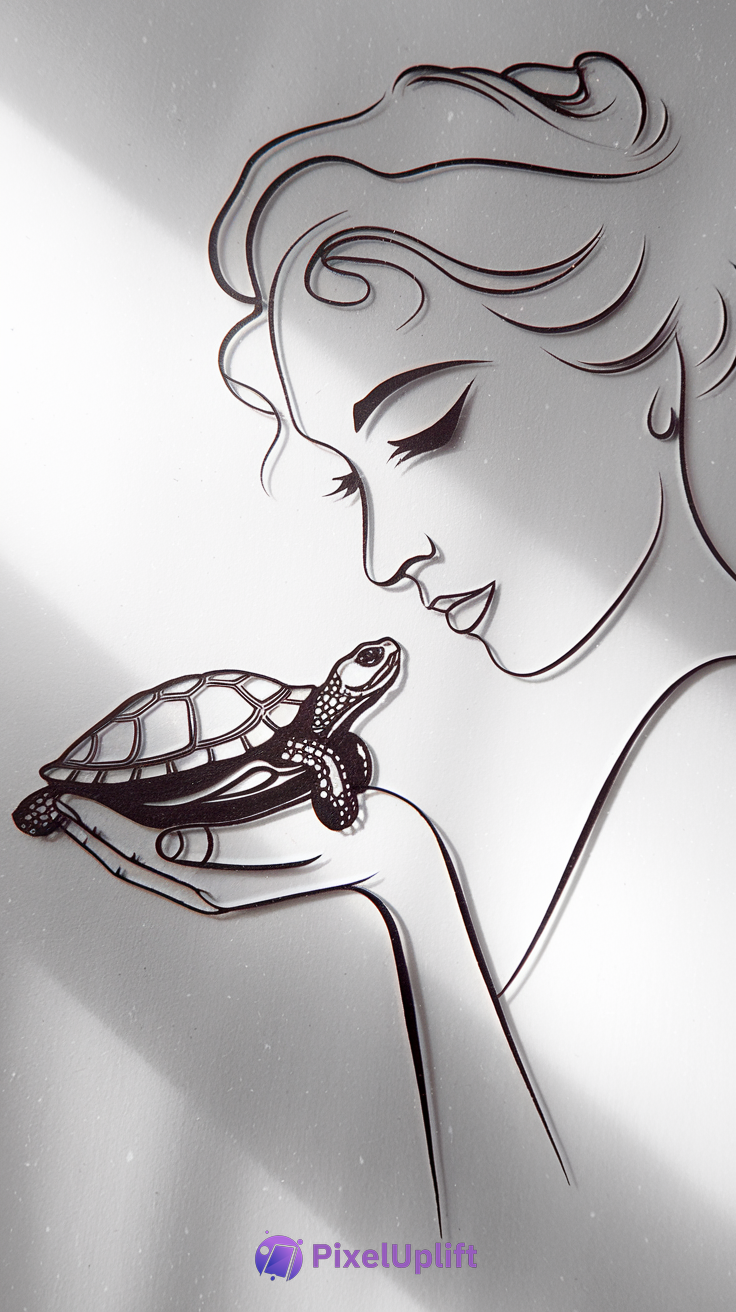 Monochromatic line art of a woman holding a turtle gently, depicting serenity and harmony