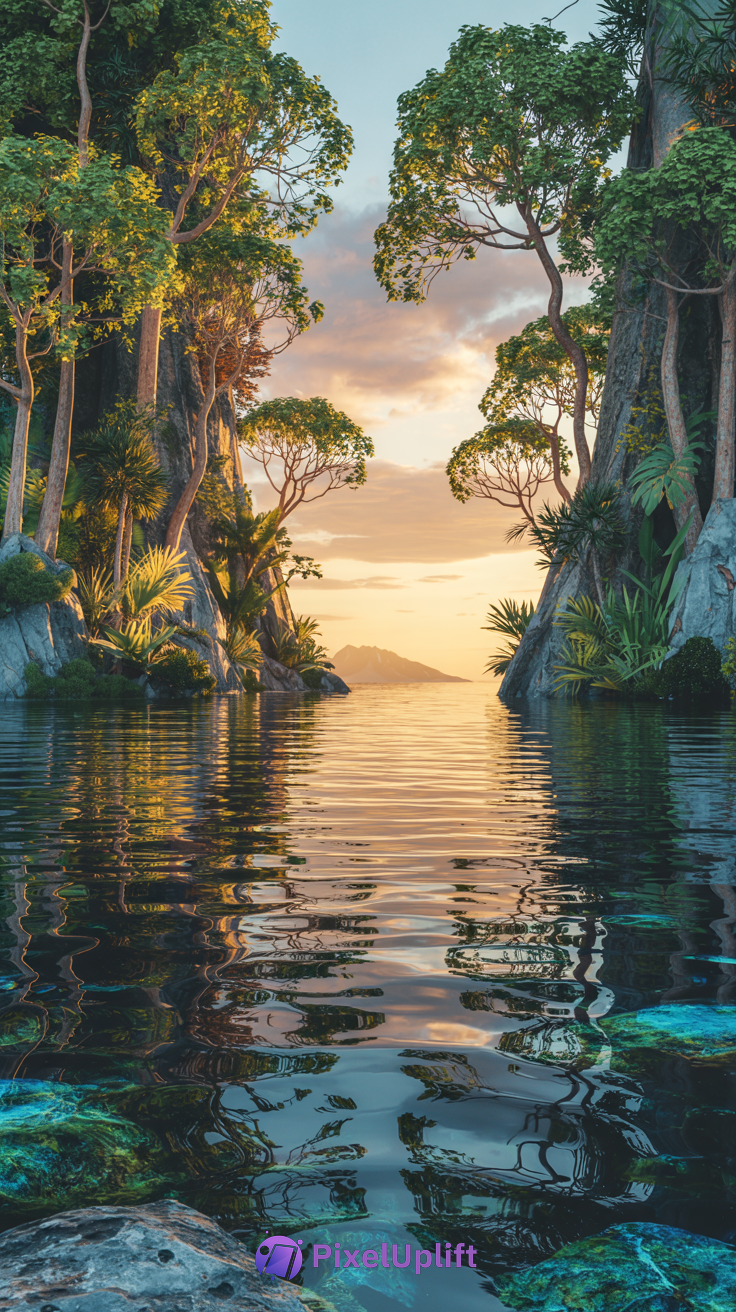 Sunset over serene river flowing between rocky cliffs with lush green trees and distant mountains