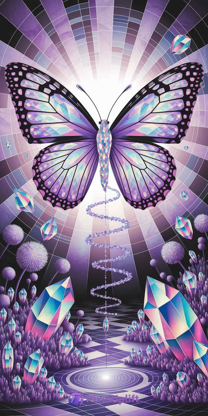 Surreal colorful butterfly digital artwork with geometric gemstone patterns and glowing tunnel background, vibrant purple and blue tones